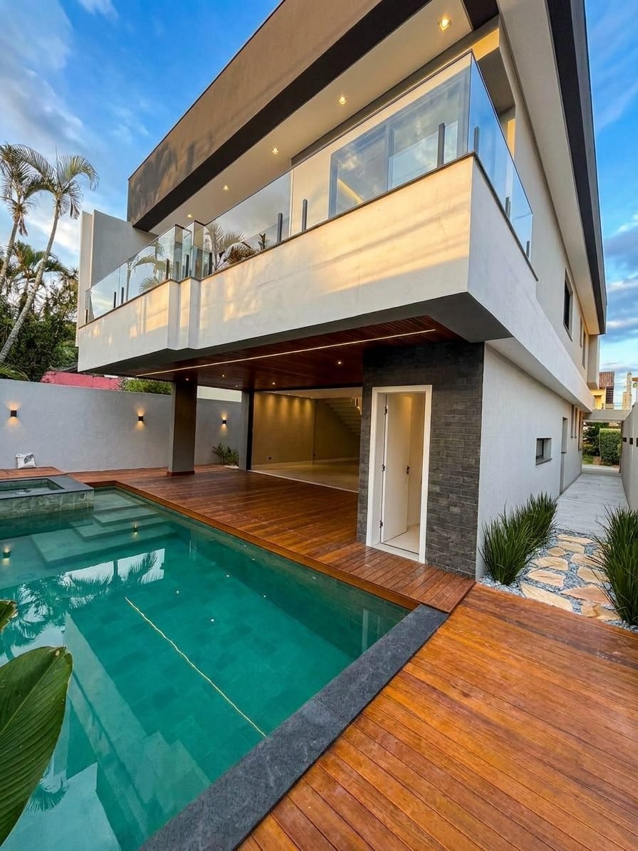 Residência Azure — piscina integrada ao deck em madeira maciça